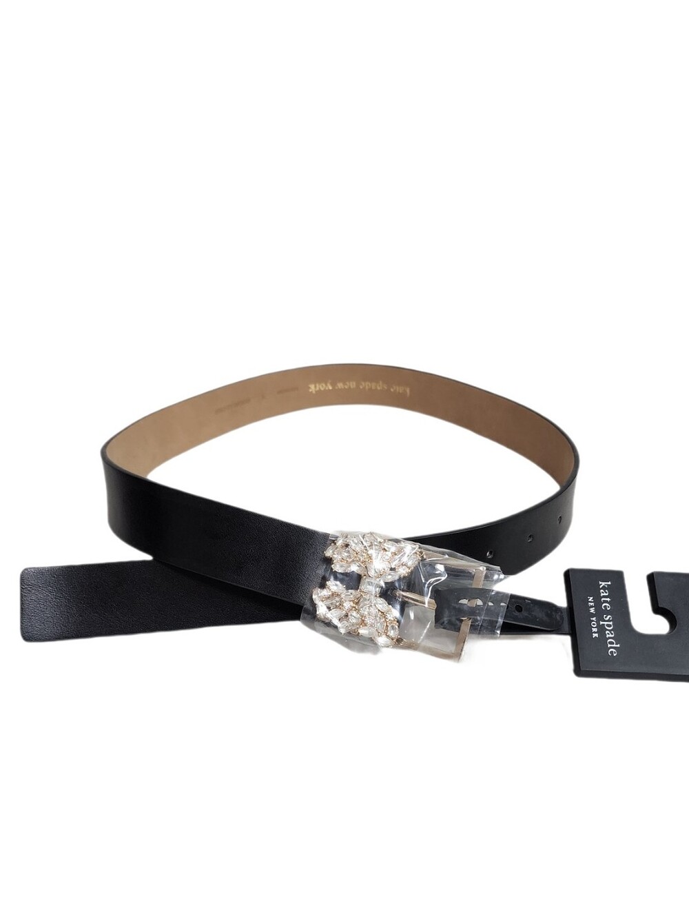 Kate Spade New York Leather Belt Rhinestone Butterfly Flower Metal Buckle Blk S